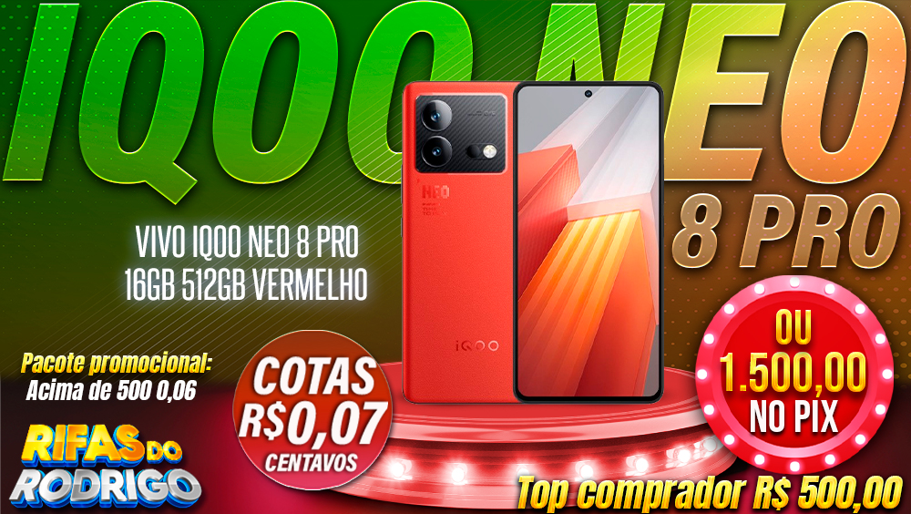VIVO IQOO NEO 8 PRO 16GB 512GB VERMELHO OU R$1.500 NO PIX! TOP COMPRADOR LEVA R$500 NO PIX!