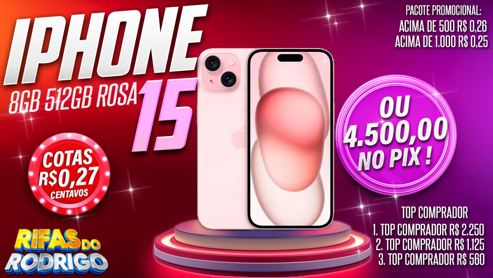 IPHONE 15 8GB 512GB ROSA OU PIX DE R$4.500! TOP COMPRADORES: 1.R$2.250 2.R$1.125 3.R$560