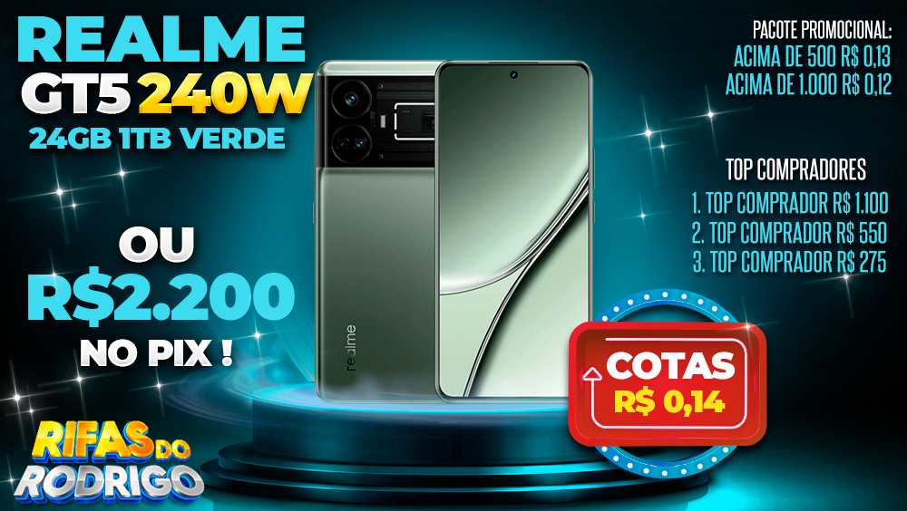 REALME GT5 24GB 1TB 240W VERDE OU R$2.200 NO PIX! TOP COMPRADORES: 1.R$1.100 2.R$550 3.R$275