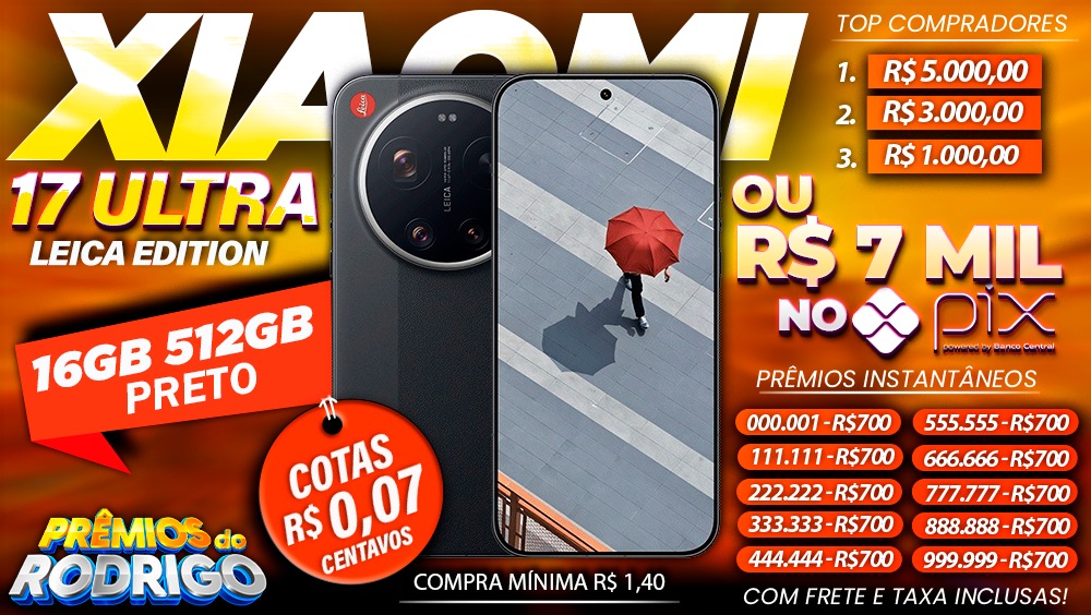 XIAOMI 17 ULTRA BY LEICA! 16GB 512GB PRETO COM FRETE E TAXAS INCLUSAS, OU R$7.000 NO PIX!